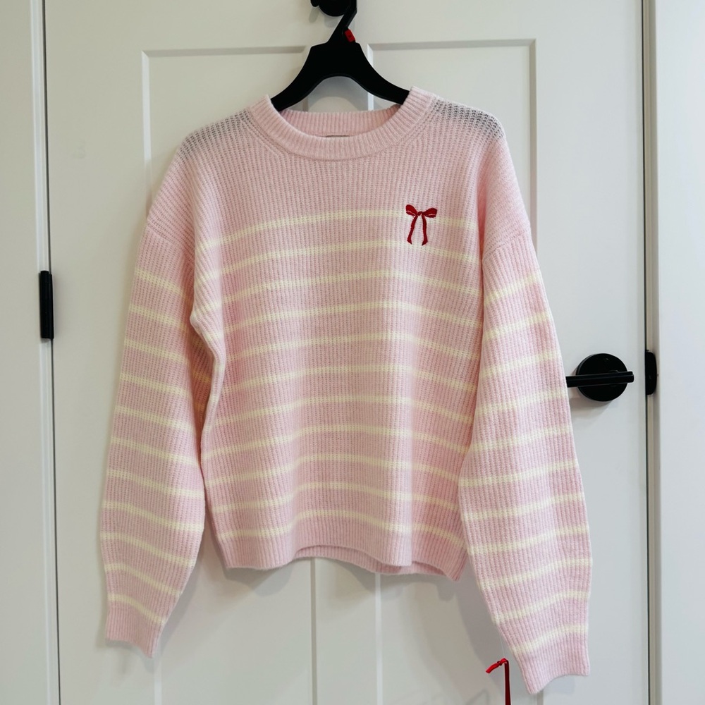 NWT Pink/Cream Striped Bow Sweater
